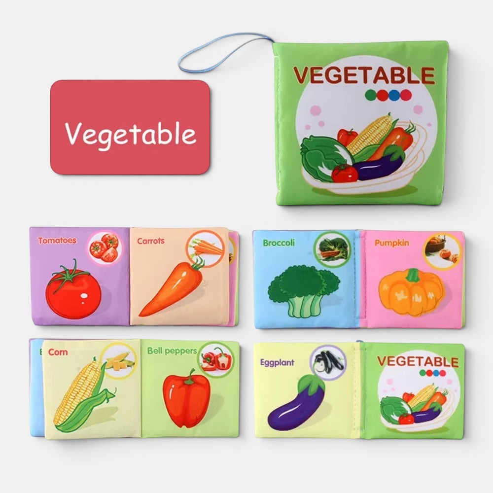 Livre en tissu Petit Éveil Montessori sur les légumes : tomate, carotte, brocoli, courge, maïs, poivron, aubergine.