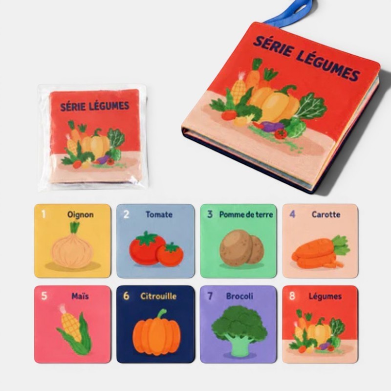 Livre Montessori en tissu sur le thème des légumes, avec 8 cartes illustrant oignon, tomate, pomme de terre, carotte, maïs, citrouille, brocoli et légumes. Petit Éveil Montessori.