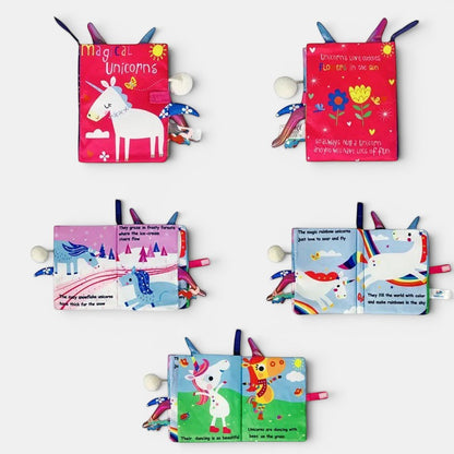 Livre d'éveil en tissu Petit Éveil Montessori avec des licornes colorées, idéal pour les bébés.