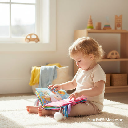 Livre en tissu Petit Éveil Montessori avec licorne blanche, soleil, papillon et étoiles sur fond rose.