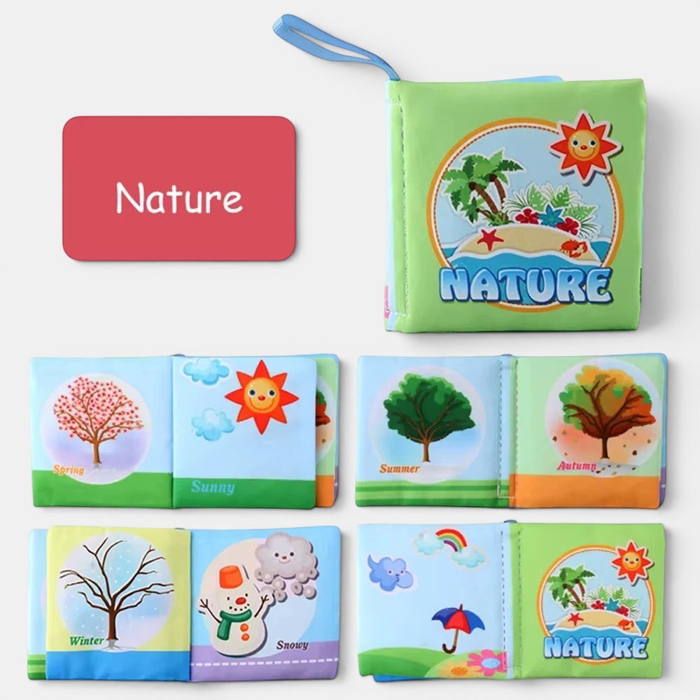 Livre en tissu Petit Éveil Montessori sur le thème de la nature, avec des illustrations colorées des saisons et un soleil.