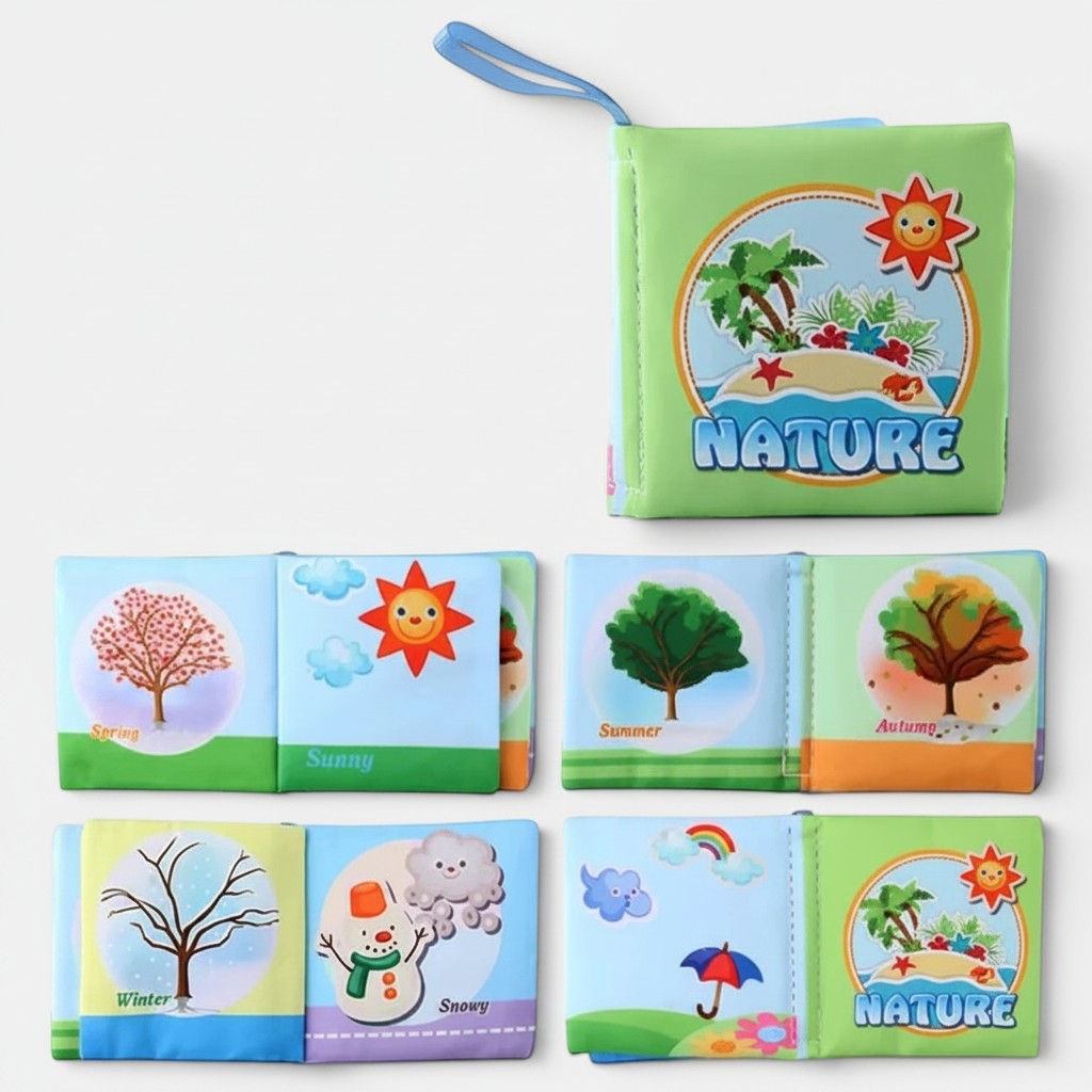 Petit Éveil Montessori livre en tissu interactif sur les saisons, couleurs vives, textures douces, idéal pour l'éveil sensoriel des bébés.