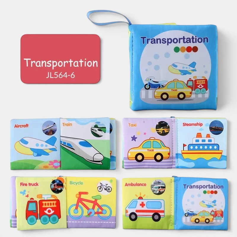 Livres en tissu Petit Éveil Montessori sur le thème des transports pour bébés, lavables et doux.