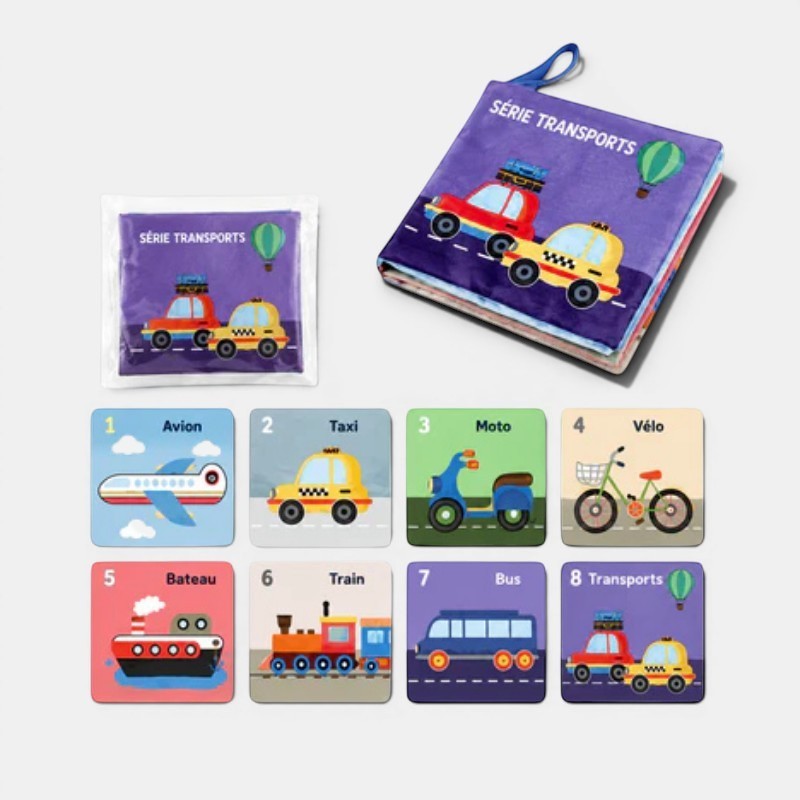 Livre Montessori en tissu « Série Transports » avec illustrations colorées de véhicules pour bébés. Petit Éveil Montessori.
