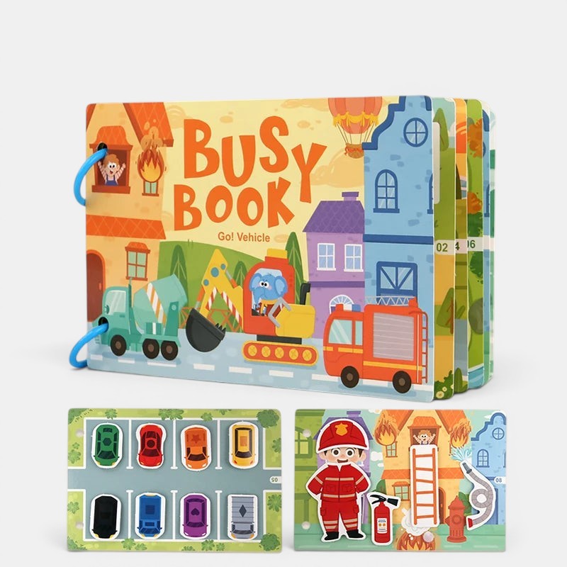 Livre sensoriel Montessori Petit Éveil Montessori avec des véhicules colorés, idéal pour l'éveil et la motricité.