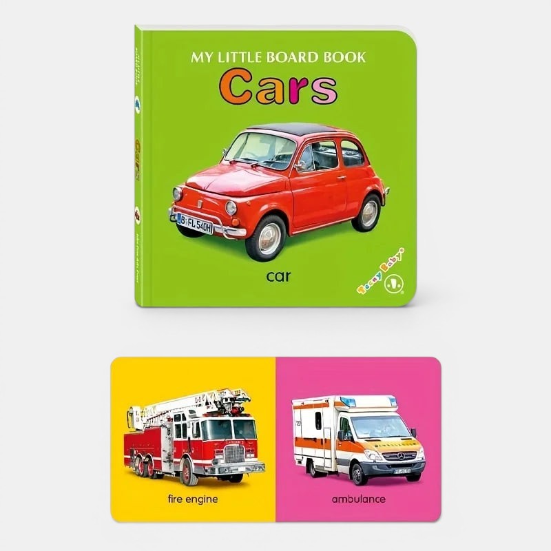 Livre sensoriel Montessori Petit Éveil Montessori avec une voiture rouge, un camion de pompiers et une ambulance.