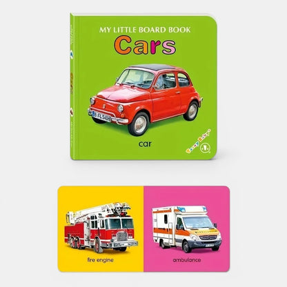 Livre sensoriel Montessori Petit Éveil Montessori avec une voiture rouge, un camion de pompiers et une ambulance.