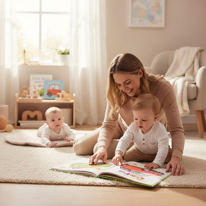 Livre sensoriel Montessori Petit Éveil Montessori "Cars" avec une voiture rouge classique sur fond vert vif.