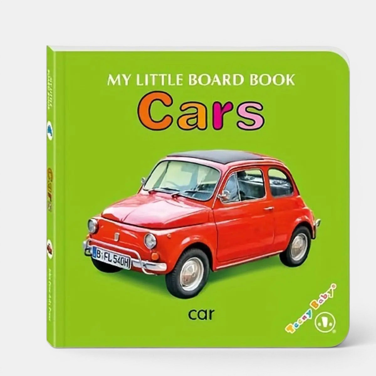 Livre sensoriel Montessori Petit Éveil Montessori "Cars" avec une voiture rouge classique sur fond vert vif.