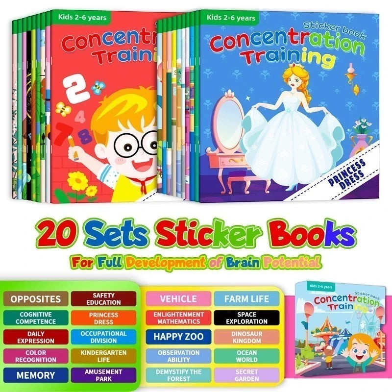 Lot de 20 livres autocollants "Concentration Training" de Petit Éveil Montessori pour enfants de 2 à 6 ans, axés sur le développement du cerveau.