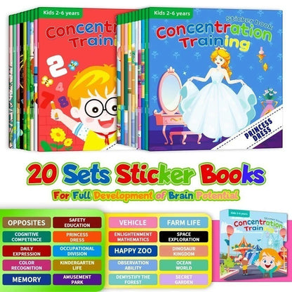 Lot de 20 livres autocollants "Concentration Training" de Petit Éveil Montessori pour enfants de 2 à 6 ans, axés sur le développement du cerveau.