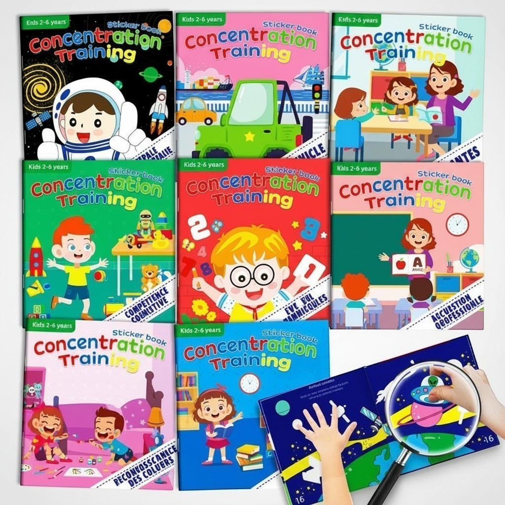 Lot de 9 livres autocollants "Concentration Training" pour enfants de 2 à 6 ans par Petit Éveil Montessori. Illustrations vives et éducatives.