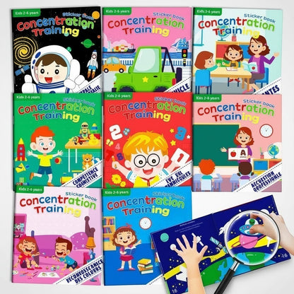 Lot de 9 livres autocollants "Concentration Training" pour enfants de 2 à 6 ans par Petit Éveil Montessori. Illustrations vives et éducatives.