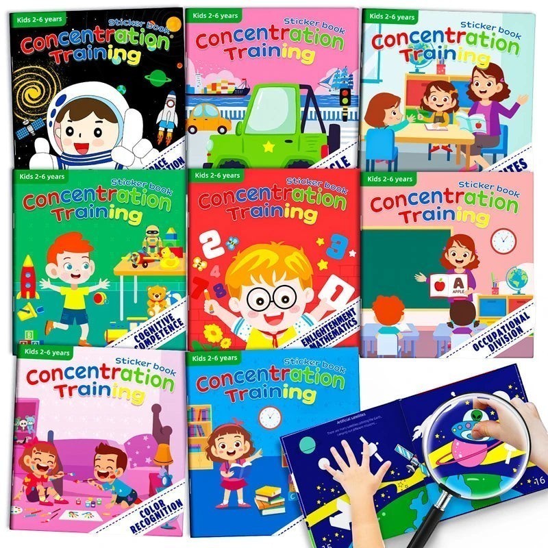 Lot de 9 livres autocollants "Concentration Training" pour enfants de 2-6 ans par Petit Éveil Montessori. Thèmes variés : espace, véhicules, école, maths.