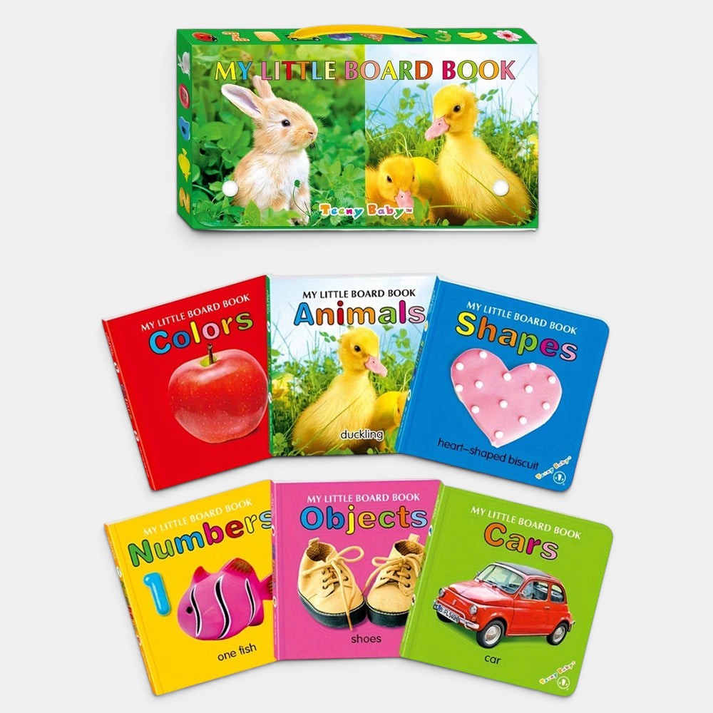 Petit Éveil Montessori : coffret de 6 livres d'éveil pour bébés sur les couleurs, formes, chiffres, objets et voitures.