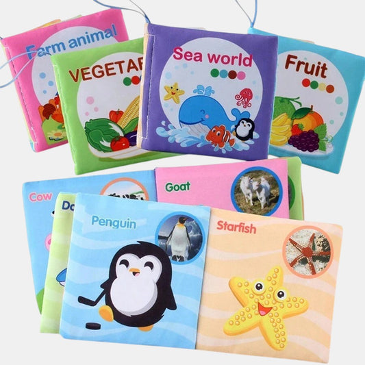 Petit Éveil Montessori, lot de livres en tissu colorés pour bébés sur les thèmes des animaux, fruits, légumes et monde marin.