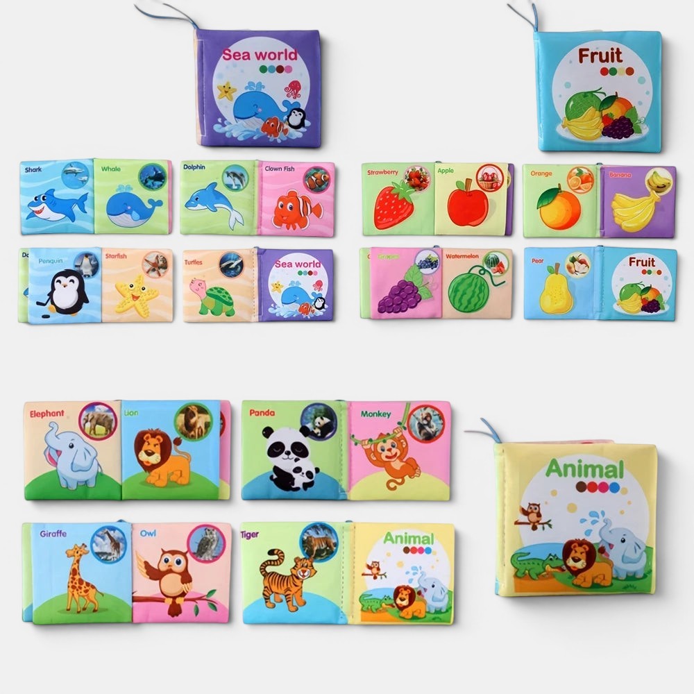 Petit Éveil Montessori, livres en tissu lavables pour bébés, thèmes animaux, fruits et monde marin, couleurs vives, textures douces.