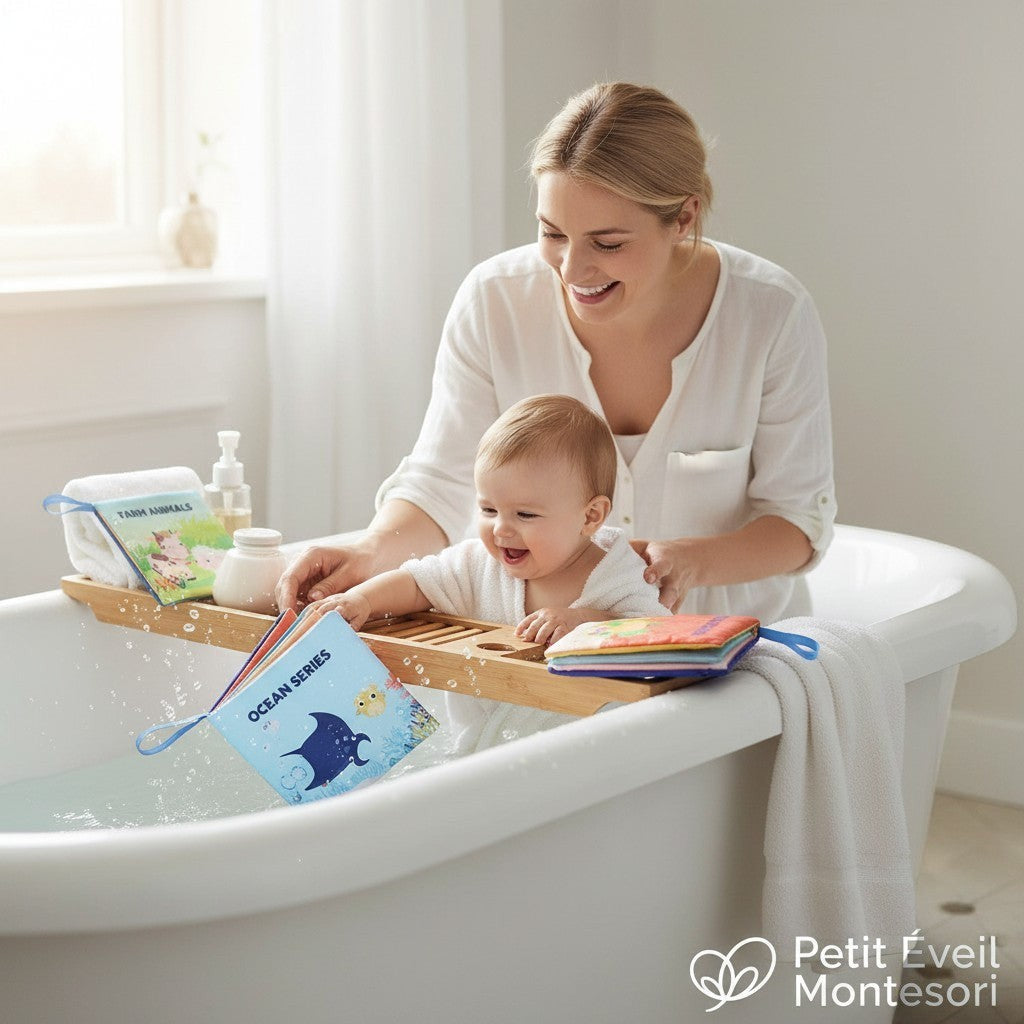 Petit Éveil Montessori livres en tissu éducatifs pour bébés, thèmes animaux de la ferme, mer et légumes, lavables et interactifs.