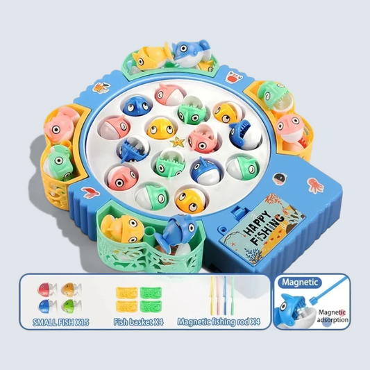 Petit Éveil Montessori magnetic fishing game with colorful fish, four rods, and baskets for educational play.