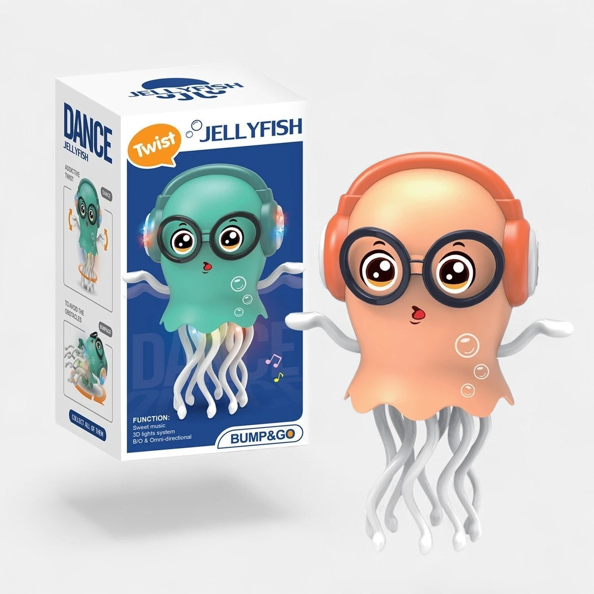 Petit Éveil Montessori méduse dansante et rampante avec lunettes et casque, jouet interactif pour enfants.