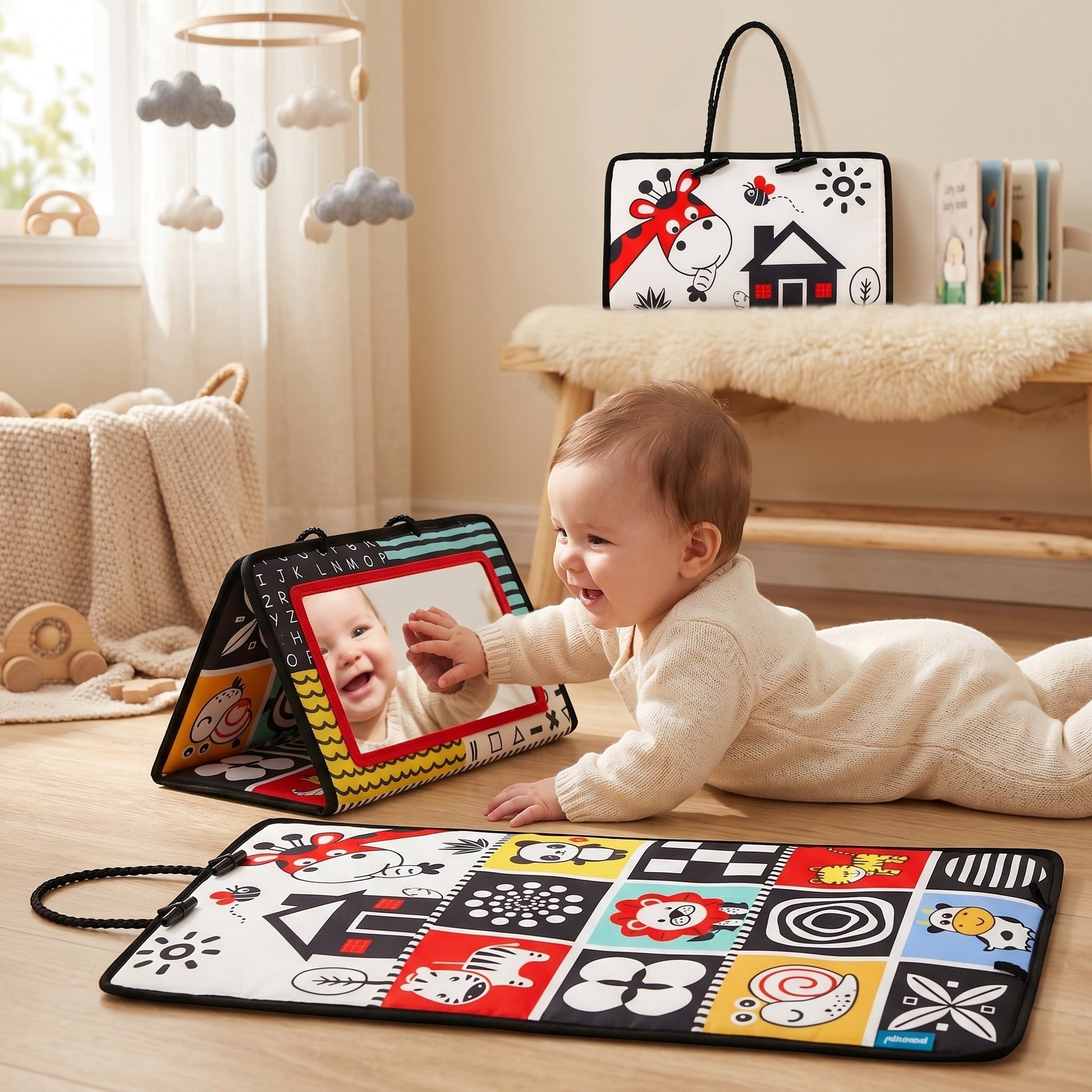 Petit Éveil Montessori miroir d'éveil sensoriel noir et blanc avec un bébé souriant interagissant avec le miroir.