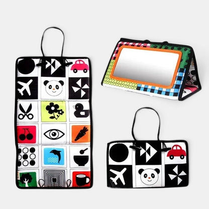 Petit Éveil Montessori miroir d'éveil sensoriel noir et blanc avec motifs d'animaux et d'objets pour bébé.