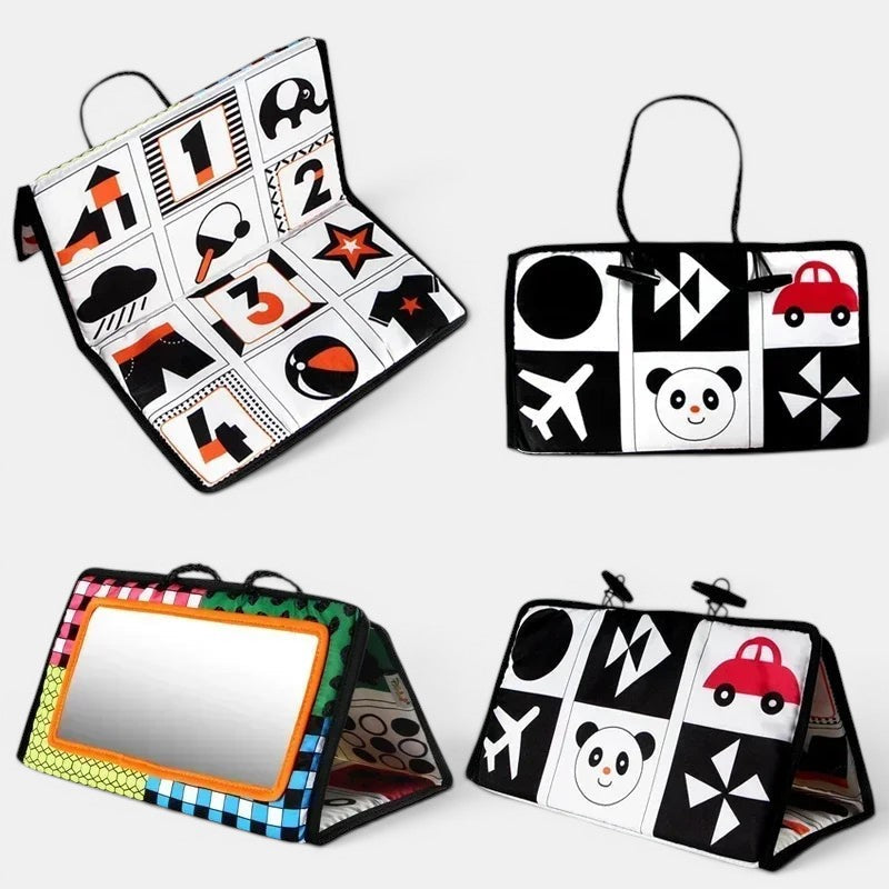 Petit Éveil Montessori Miroir sensoriel noir et blanc pour bébé, avec motifs contrastés et miroir incassable.