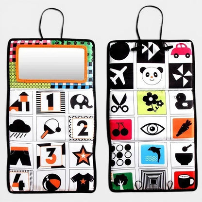 Miroir Montessori Petit Éveil Montessori noir et blanc avec images sensorielles et chiffres pour bébé.