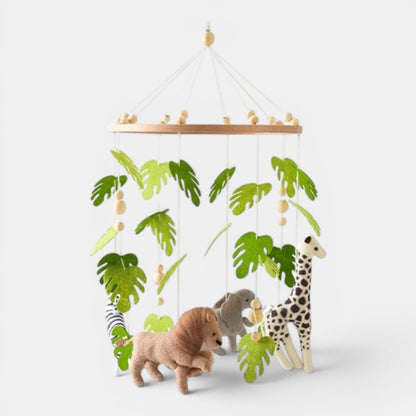 Petit Éveil Montessori mobile en feutre avec animaux de la savane et feuilles vertes pour berceau