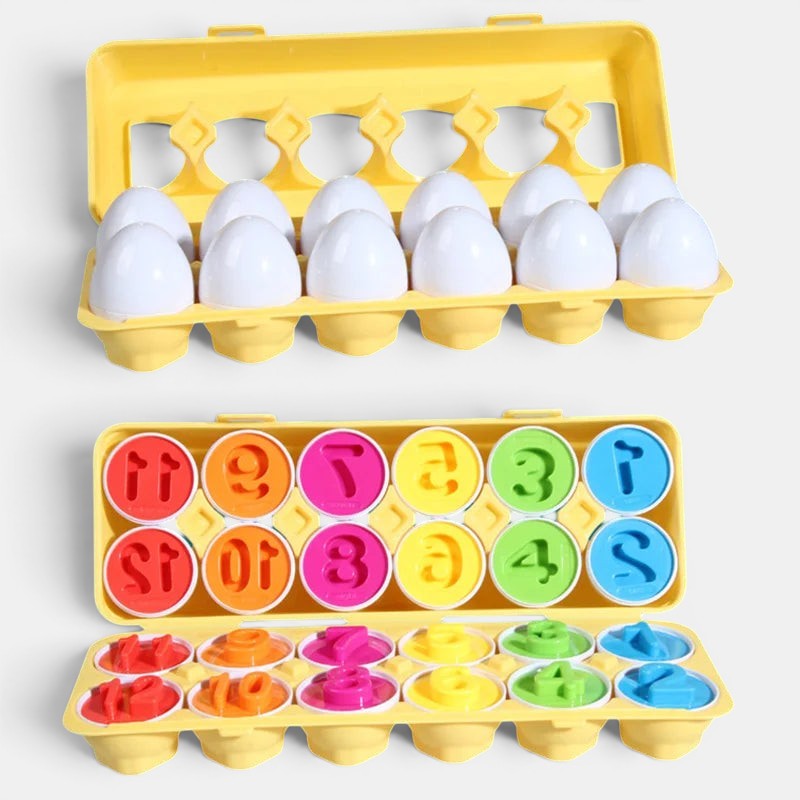 Petit Éveil Montessori : œufs sensoriels en plastique blanc et jaune pour tri de formes et couleurs, avec chiffres et lettres.