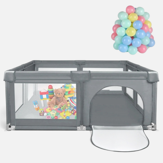 Parc bébé Petit Éveil Montessori gris en tissu Oxford avec parois en maille, porte zippée et balles colorées incluses