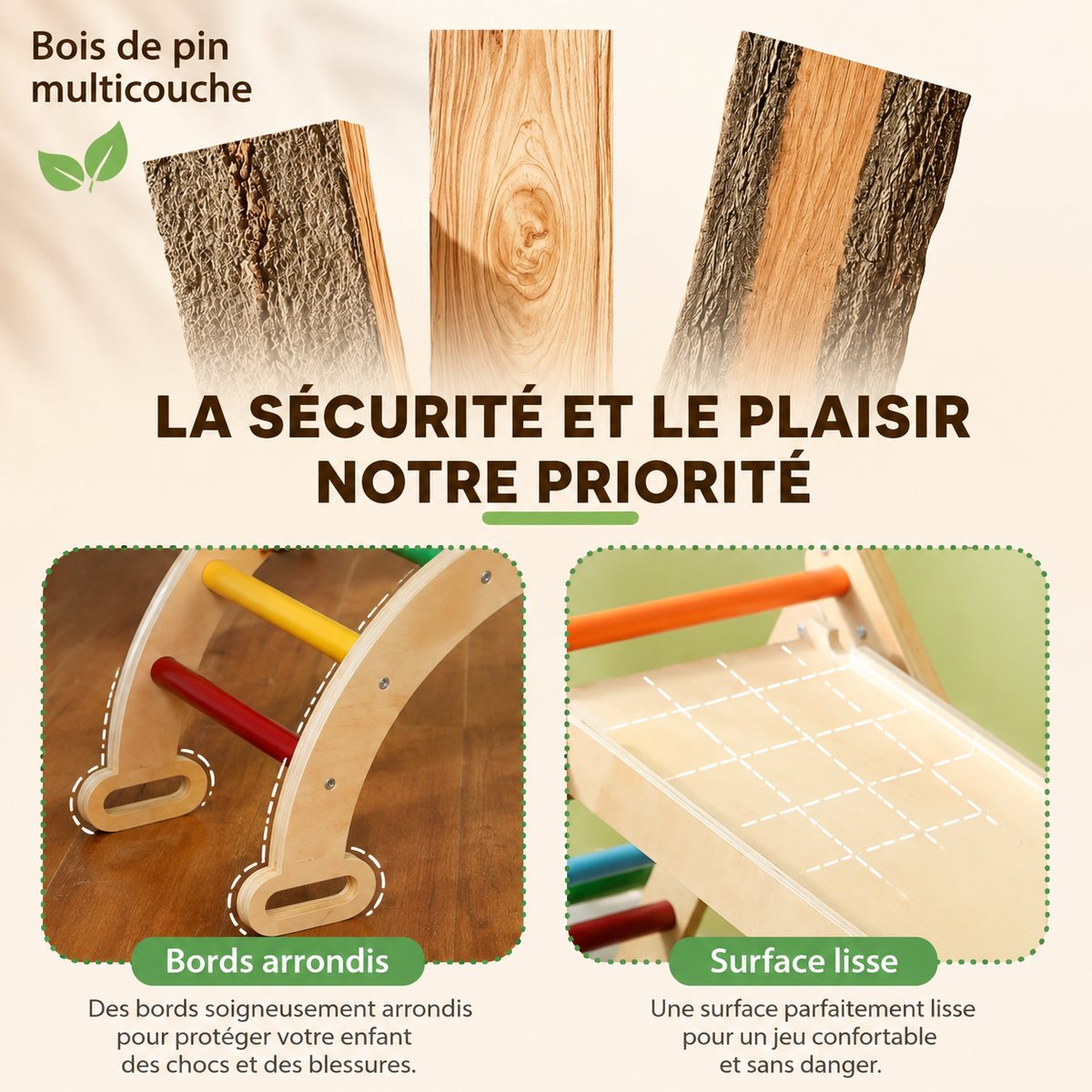 Détails de sécurité du parcours Petit Éveil Montessori en bois avec bords arrondis et surface lisse pour enfants