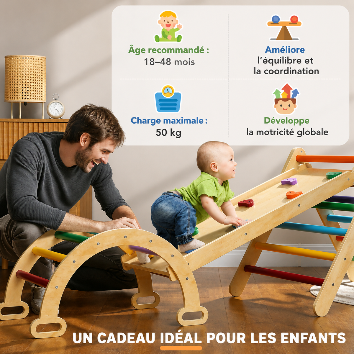 Parcours motricité Petit Éveil Montessori 5-en-1 en bois avec arche, triangle et rampe d'escalade pour bébé