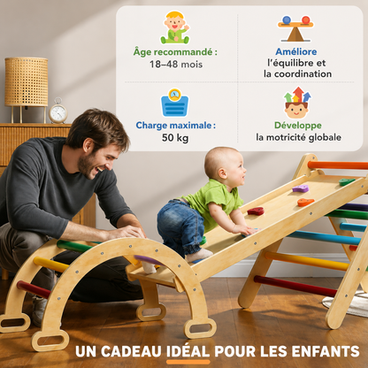 Parcours motricité Petit Éveil Montessori 5-en-1 en bois avec arche, triangle et rampe d'escalade pour bébé