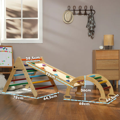 Parcours motricité Petit Éveil Montessori 5-en-1 en bois avec triangle, arche et toboggan coloré pour enfants