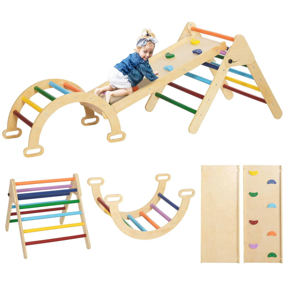 Parcours motricité Petit Éveil Montessori 5-en-1 en bois avec triangle, arche et toboggan pour enfant