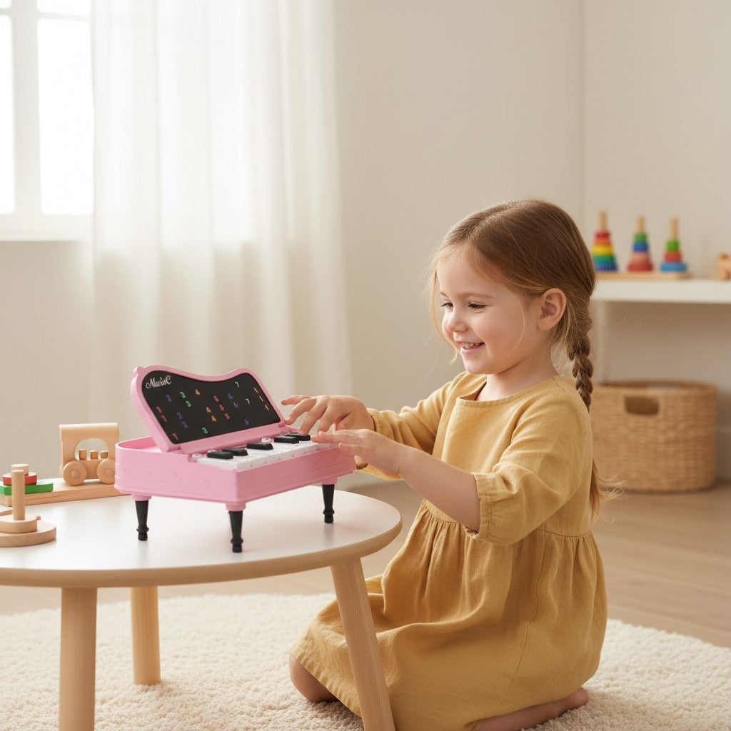 Petit Éveil Montessori, piano jouet rose avec 7 modes, idéal pour l'éveil musical et l'apprentissage des enfants.
