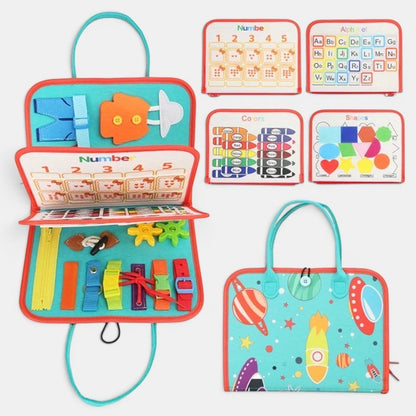 Planche d'activités Montessori Petit Éveil Montessori avec chiffres, lettres, couleurs et formes pour l'apprentissage des tout-petits.