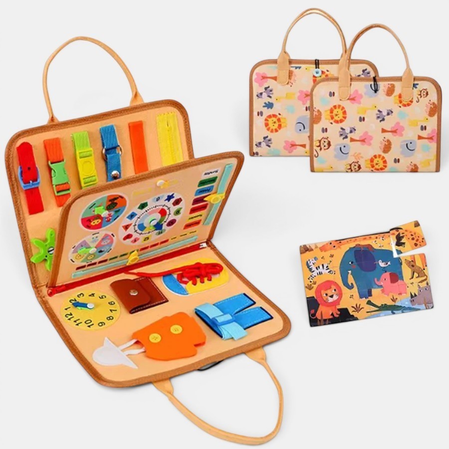 Planche d'activités Montessori Petit Éveil Montessori avec boucles, lacets, fermetures éclair et horloge pour l'apprentissage des tout-petits.