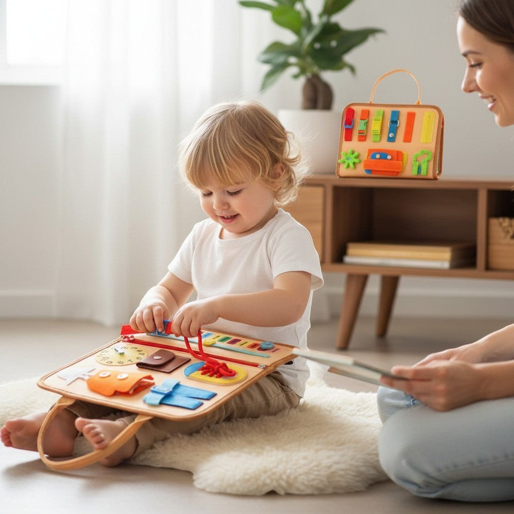 Planche d'activités Montessori Petit Éveil Montessori avec boucles, lacets, fermetures éclair et horloge pour l'apprentissage de la motricité.