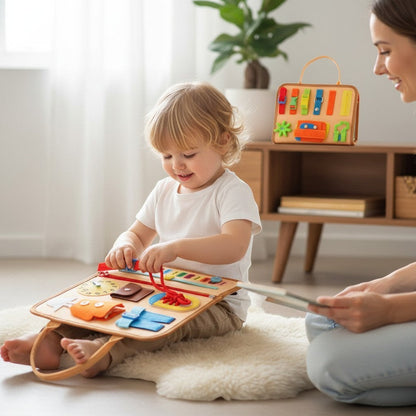 Planche d'activités Montessori Petit Éveil Montessori avec boucles, lacets, fermetures éclair et horloge pour l'apprentissage de la motricité.