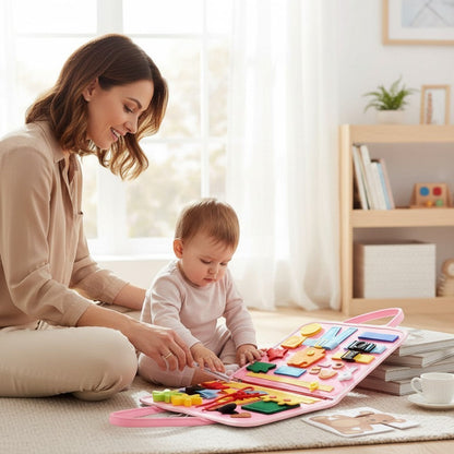 Planche d'activités Montessori rose avec fermetures, boutons, lacets et formes pour l'apprentissage de la motricité fine.