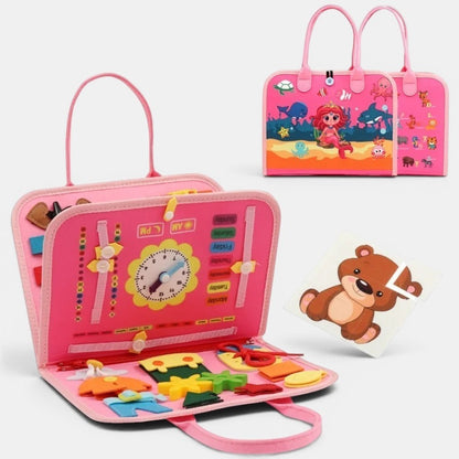 Planche d'activités Montessori rose avec horloge, jours de la semaine et formes à assembler. Petit Éveil Montessori.