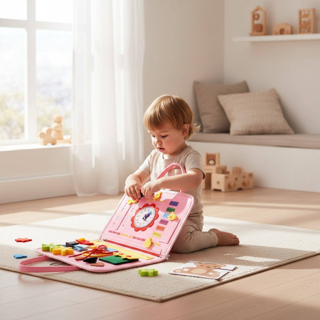 Planche d'activités Montessori rose avec fermetures éclair, boutons et lacets pour développer la motricité fine. Petit Éveil Montessori.