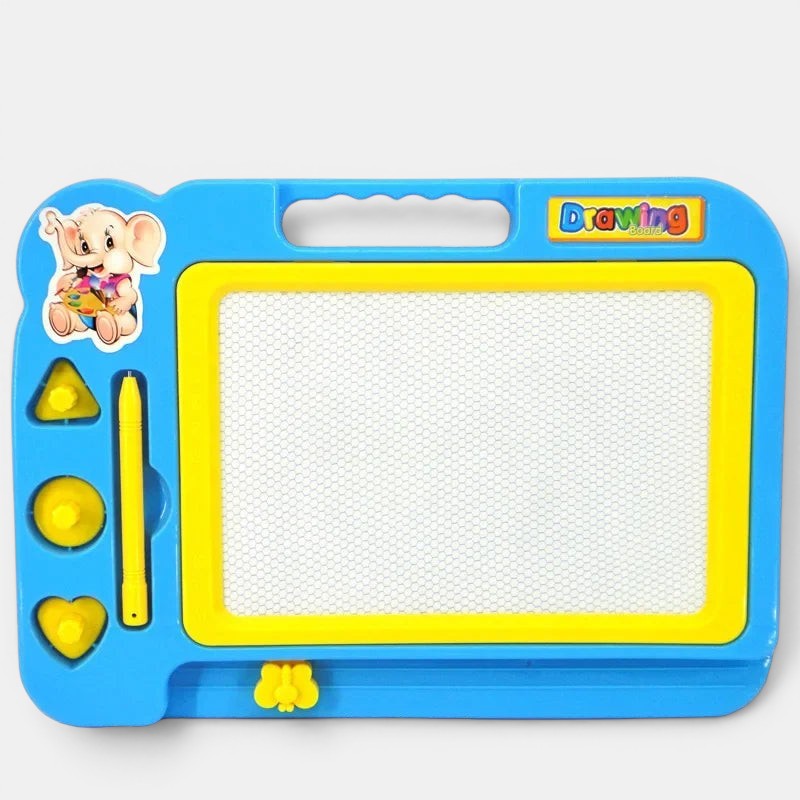 Planche à dessin magnétique bleue et jaune Petit Éveil Montessori avec stylo et formes pour enfants.