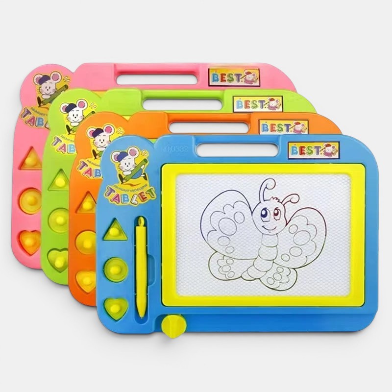 Planche à dessin magnétique Petit Éveil Montessori avec stylet jaune et formes incluses, idéale pour les enfants.