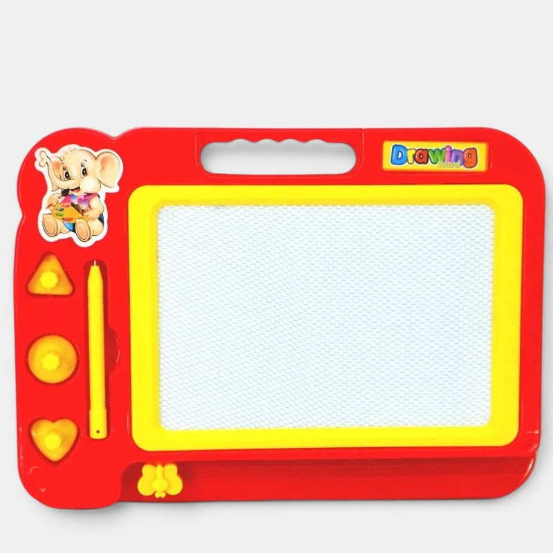 Planche à dessin magnétique rouge et jaune Petit Éveil Montessori avec stylo et formes pour enfants.