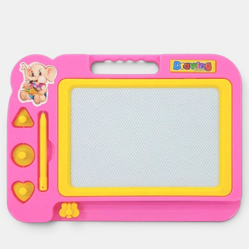 Planche à dessin magnétique rose Petit Éveil Montessori avec formes (cœur, cercle, triangle) et stylet jaune, pour enfants dès 3 ans.