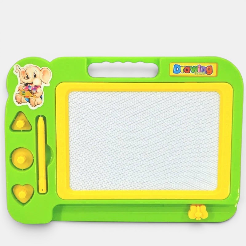 Planche à dessin magnétique verte et jaune Petit Éveil Montessori avec stylet et formes pour enfants.