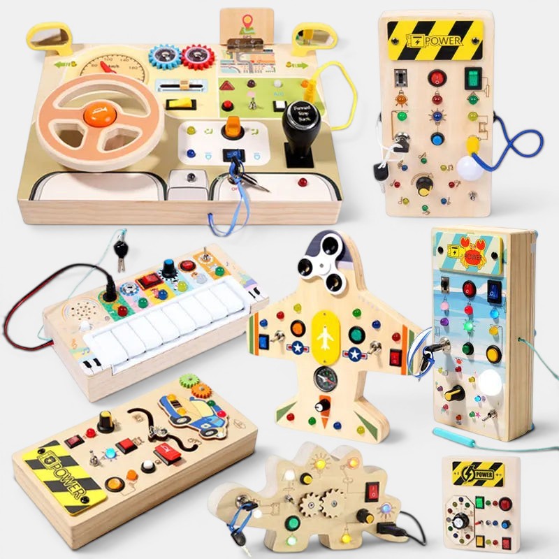 Planche occupée Montessori en bois pour enfants, avec volant, clés, interrupteurs et engrenages. Jouet éducatif pour motricité fine.